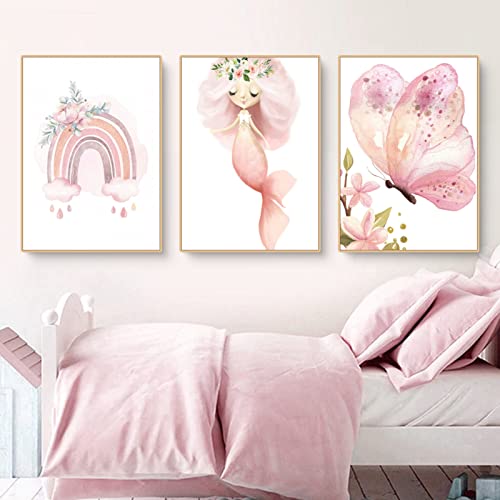 EXQULEG 3er Set Poster Kinderzimmer Poster A4, Rosa Regenbogen Schmetterling Nixe ohne Rahmen für Mädchen, Bilder Babyzimmer Deko EXQULEG 3er Set Poster Kinderzimmer Poster A4, Rosa Regenbogen Schmetterling Nixe ohne Rahmen für Mädchen, Bilder Babyzimmer Deko von EXQULEG