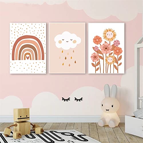 EXQULEG 3er Set Poster Kinderzimmer Regenbogen Wolken Blumen Bilder Ohne Rahmen,Bilder Babyzimmer DIN A4 Boho Deko Junge Mädchen (A) von EXQULEG