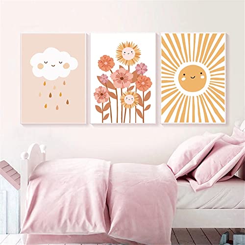 EXQULEG 3er Set Poster Kinderzimmer Regenbogen Wolken Blumen Bilder Ohne Rahmen,Bilder Babyzimmer DIN A4 Boho Deko Junge Mädchen (B) von EXQULEG