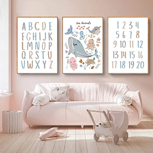 EXQULEG 3er Set Wandbilder Kinderzimmer Babyzimmer Poster,Ozean Tier Bilder DIN A4 Mädchen Jungen Boho Deko Dekoration (FEG) von EXQULEG