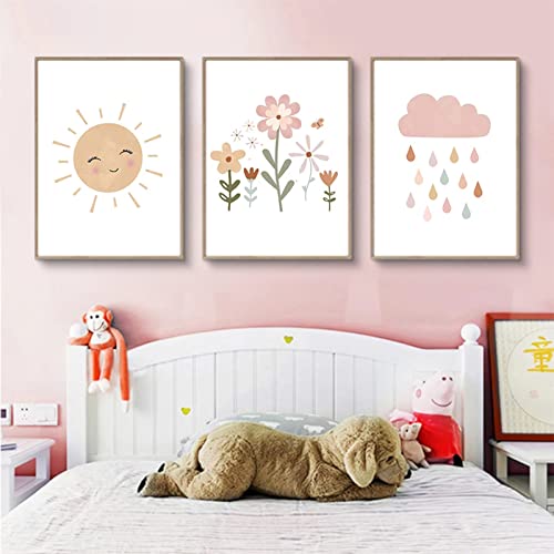 EXQULEG 3er Set Wandbilder Kinderzimmer Babyzimmer Poster,Regenbogen Sonne Wolke Blumen und Schmetterlinge,Bilder DIN A4 Mädchen Jungen Boho Deko Dekoration (ABC) von EXQULEG