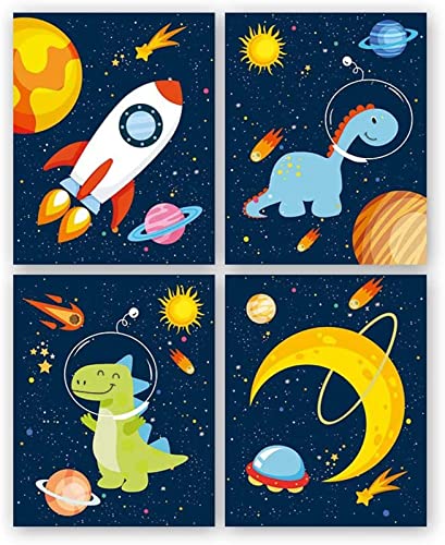 EXQULEG 4er Set Kinderzimmer Bilder,Kinder Wandbild Weltraum,Astronaut Rakete Poster,Planeten Poster Jungenzimmer,für Kinder Junge Mädchen DIN A4 ohne Rahmen (A) von EXQULEG