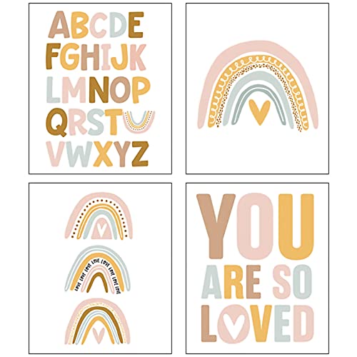 EXQULEG 4er Set Poster Kinderzimmer, Wanbilder für Babyzimmer, Kinderposter Junge Mädchen Dekoration Bilder ABC Alphabet Regenbogen Inspirierende Zitate Poster - Ohne Rahmen von EXQULEG