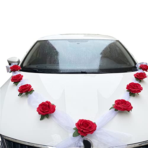 EXQULEG Auto Schmuck Braut Paar Rose Deko Dekoration Autoschmuck Hochzeit Car Auto Wedding Deko Girlande Autodeko Hochzeitsdeko (Rot) von EXQULEG