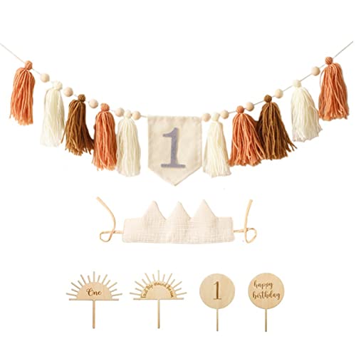 EXQULEG Baby Geburtstag Dekoration Set - 1. Geburtstag Junge Mädchen, 1. Geburtstagsdeko Kindergeburtstag deko Mit Crown Hut, Cake Topper und Banner (Beige) von EXQULEG