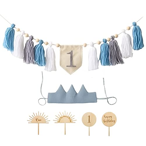 EXQULEG Baby Geburtstag Dekoration Set - 1. Geburtstag Junge Mädchen, 1. Geburtstagsdeko Kindergeburtstag deko Mit Crown Hut, Cake Topper und Banner (Blau) von EXQULEG