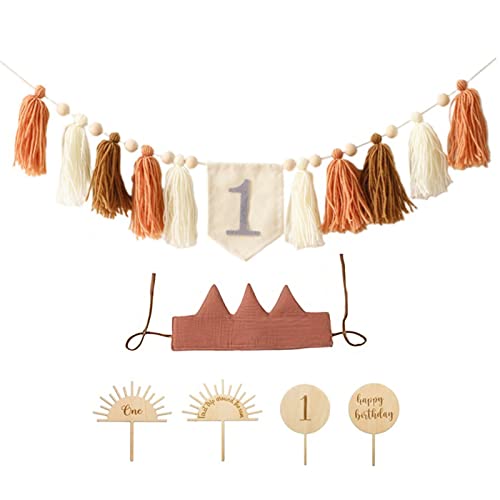 EXQULEG Baby Geburtstag Dekoration Set - 1. Geburtstag Junge Mädchen, 1. Geburtstagsdeko Kindergeburtstag deko Mit Crown Hut, Cake Topper und Banner (Braun) von EXQULEG