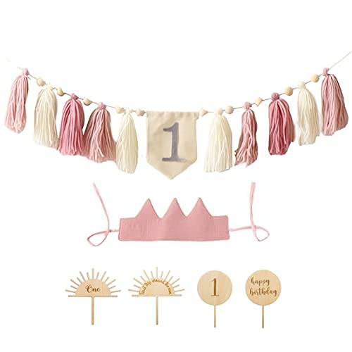 EXQULEG Baby Geburtstag Dekoration Set - 1. Geburtstag Junge Mädchen, 1. Geburtstagsdeko Kindergeburtstag deko Mit Crown Hut, Cake Topper und Banner (Rosa) von EXQULEG