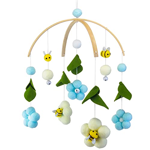 EXQULEG Baby Mobile Windspiel, Bienen Blumen Mobile Baby mit Filzbällen, Kinderzimmer Hängende Bettglocke, Neugeborenen Geschenk für Baby Mädchen oder Jungen (Hellblau) von EXQULEG
