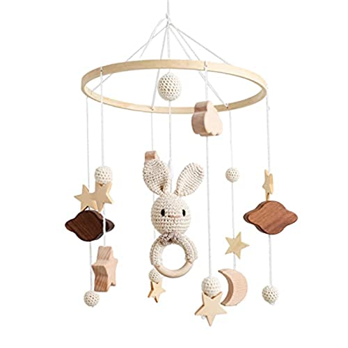 EXQULEG Babybett Mobile Baby Windspiel, Wolken und Kleiner Hase Hängende, Holz Mobile Baby Kinderzimmer Hängende Bettglocke, Geschenk für Baby Mädchen oder Jungen, Rassel Spielzeug (B) von EXQULEG