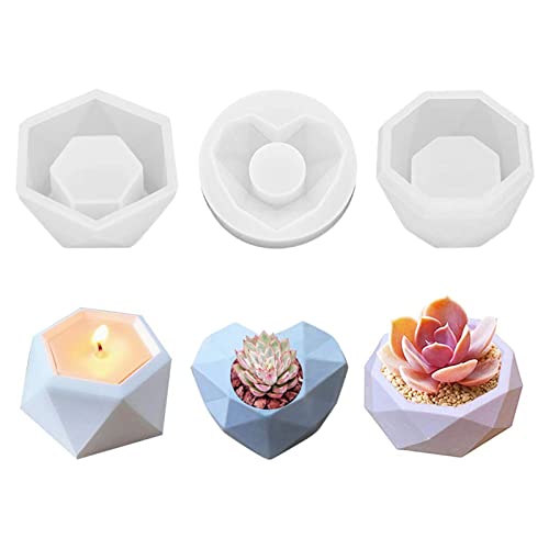 EXQULEG Blumentopf Silikonform, Herzform, Sechseck, Achteck Blumentopf Gießform DIY Blumentopf Formen Candle Holder Resin Mold, DIY Sukkulente Topf Formen für Harz, Ton, Beton von EXQULEG