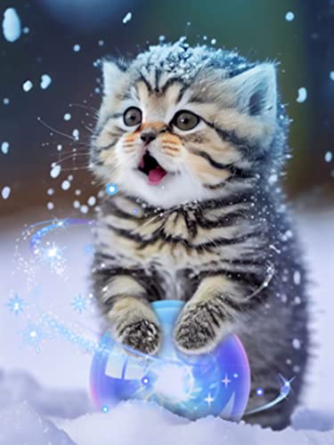 EXQULEG Diamond Painting Katze im Schnee, 5D Diamant Painting Bilder Kinder Erwachsene, DIY Diamant Malerei Kit für Haus,Büro, Wand Und Eingang Dekoration (30 * 40cm) von EXQULEG