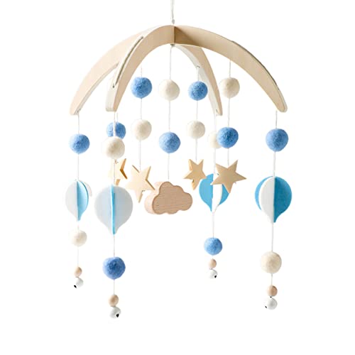 EXQULEG Mobile Baby Babybett Windspiel, Stern Mond Heißluftballon Holz Mobile Baby mit Filzbällen Hängende Bettglocke, Geschenk für Baby Mädchen oder Jungen (Blau) von EXQULEG
