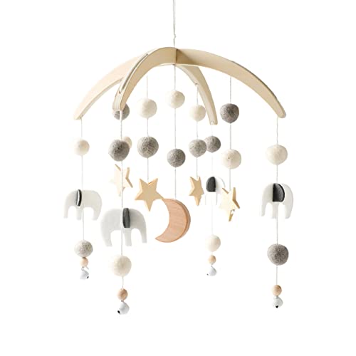 EXQULEG Mobile Baby Babybett Windspiel, Stern Mond Heißluftballon Holz Mobile Baby mit Filzbällen Hängende Bettglocke, Geschenk für Baby Mädchen oder Jungen (Grau) von EXQULEG