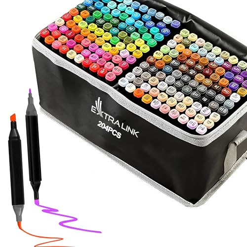 EXTRALINK Alkoholmarker Filzstifte 204Stück, 2 Sekunde Schnell Trocknende Stifte Set, Marker Stifte mit Doppelseitige Spitze, Lebendige Tintenfarbe, Stifte mit Tragetasche, Zeichnung, Manga EXTRALINK Alkoholmarker Filzstifte 204Stück, 2 Sekunde Schnell Trocknende Stifte Set, Marker Stifte mit Doppelseitige Spitze, Lebendige Tintenfarbe, Stifte mit Tragetasche, Zeichnung, Manga von EXTRALINK