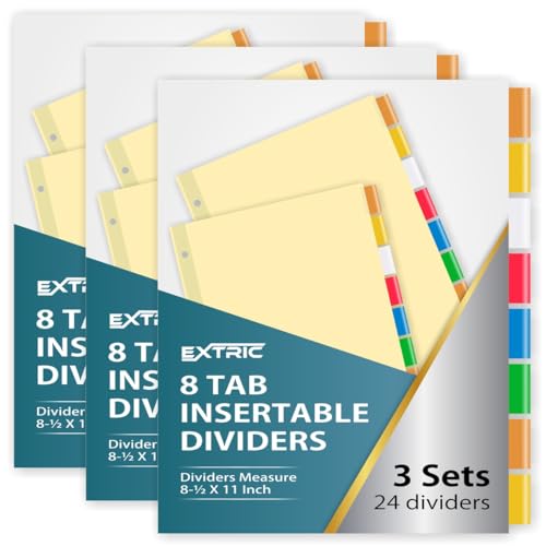 Ordner-Trennblätter, 8 Registerkarten für 3-Ringbuch, 3 Sets Ordner-Trennblätter mit Registerkarten (insgesamt 24 Register für Ordner) – Papierteiler mit einführbaren, mehrfarbigen Kunststoff-Binder-Tabs von EXTRIC