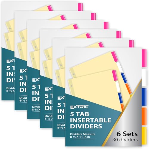 Trennblätter mit 5 Registerkarten für 3-Ringordner, einführbar, mehrfarbig, große Register, Briefgröße, 21,6 x 27,9 cm, 6 Sets (insgesamt 30 Trennblätter) von EXTRIC