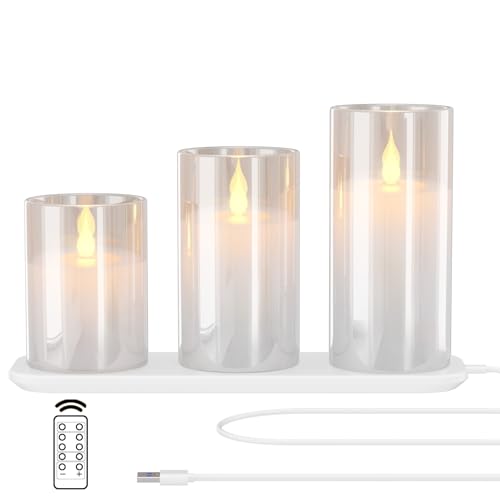 EXTSUD LED Flammenlose Kerzen Flackern mit Ladestation und Fernbedienung,3er Set Led Kerzen aus Glas Wiederaufladbare Flamme Kerzenlicht mit timerfunktion Romantische Teelichter Deko Wohnzimmer Weiß von EXTSUD