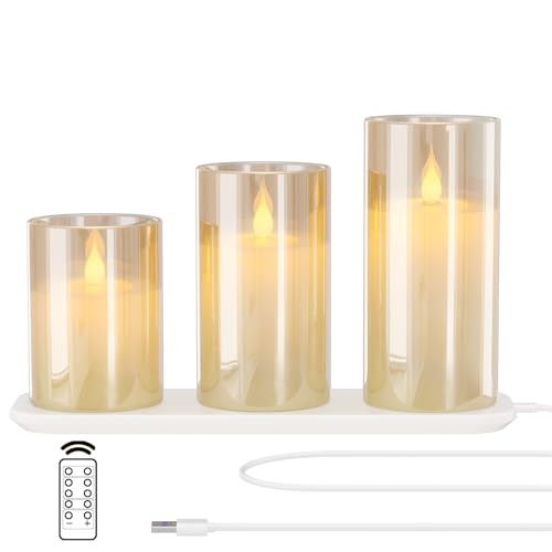 EXTSUD LED Flammenlose Kerzen Flackern mit Ladestation und Fernbedienung,3er Set Led Kerzen aus Glas Wiederaufladbare Flamme Kerzenlicht mit timerfunktion Romantische Teelichter Gelb von EXTSUD