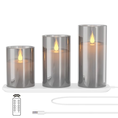 EXTSUD LED Flammenlose Kerzen Flackern mit Ladestation und Fernbedienung,3er Set Led Kerzen aus Glas Wiederaufladbare Flamme Kerzenlicht mit timerfunktion Romantische Teelichter Grau von EXTSUD