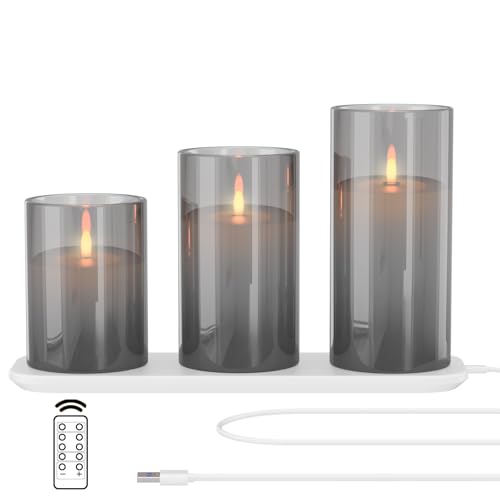 EXTSUD LED Flammenlose Kerzen Flackern mit Ladestation und Fernbedienung Timerfunktion,3er Set Led Kerzen aus Glas Wiederaufladbare Flamme Kerzenlicht Romantische Teelichter Deko Wohnzimmer Grau von EXTSUD