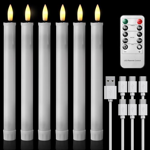 EXTSUD Set mit 6 langen, flackernden LED-Kerzen, ohne Flamme, mit Fernbedienung, wiederaufladbar, 22 cm, Weiß, Dekoration für Weihnachten, Hochzeit, Party, Bankett von EXTSUD