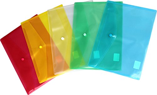 Dokumententaschen Sammelmappen Sichttaschen A5 quer transparent farbig sortiert- Dokumentenmappe mit Klappe und Druckknopf- 10 Stück von EXXO by HFP