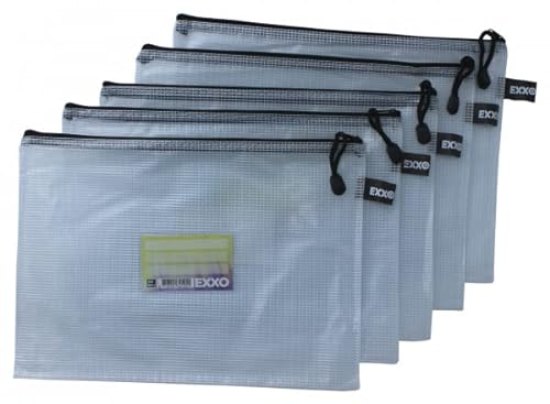 EXXO by HFP 34125 Kleinkrambeutel A4 Mesh Bag Reißverschlussbeutel aus faserverstäkrter PVC-Folie mit schwarzem Reißverschluss – 5 Stück von EXXO by HFP