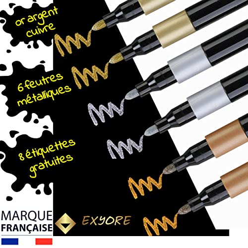 EXYORE Metallic Marker Marker Metallic Marker 3 Farben Gold Silber Kupfer für Scrapbooking Fotoalbum Zeichnungen Ausmalerei Multihalter mit 8 schwarzen selbstklebenden Etiketten als Geschenk von EXYORE