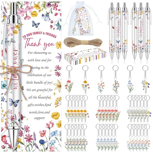 145 Stück Wildblumen-Babyparty-Geschenke für Gäste, "A Little Wildflower is on the way", Kugelschreiber, Schlüsselanhänger, Gastgeschenke, einziehbare Babyparty-Stifte für das Geschlecht, Dankeskarten 145 Stück Wildblumen-Babyparty-Geschenke für Gäste, "A Little Wildflower is on the way", Kugelschreiber, Schlüsselanhänger, Gastgeschenke, einziehbare Babyparty-Stifte für das Geschlecht, Dankeskarten von EYNDYN