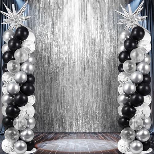 2 Sets Schwarz Silber Ballon Säulenständer Kit 3,3 x 2 m Silber Foto Hintergrund mit Schwarz Silber Konfetti Ballons Ballon Turm Ständer für Hochzeit Geburtstag Urlaub Party Ruhestand Jahrestag von EYNDYN