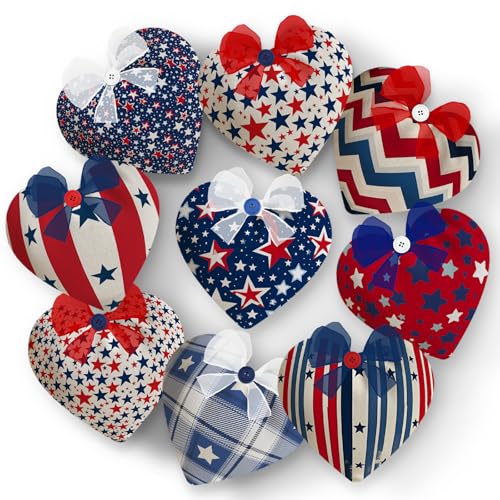 9 Stück 4. Juli Herz-Dekoration, 9 cm, Unabhängigkeitstag, gestuftes Tablett, Dekoration, Stoffstern, patriotisch, blau, rot, weiß, Ornamente, Sterne für Gedenktag, rustikale Heimdekoration von EYNDYN
