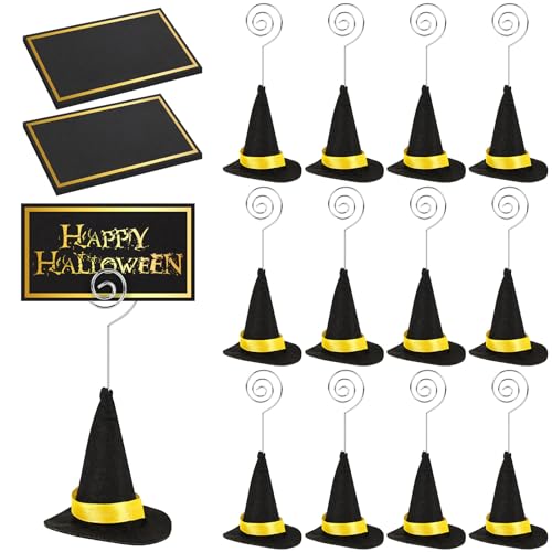 EYNDYN 12 Set Filz Halloween Tischkartenhalter mit 12 Stück Tischkarten und 12 Stück Hexenhüte Tischkartenhalter Tischnummern Fotohalter Tischdekoration für Halloween Party Hochzeit Geburtstag von EYNDYN