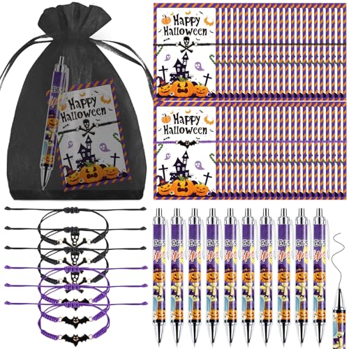 EYNDYN 24 Sets Halloween-Geschenke für Erwachsene, Kürbis-Kugelschreiber, Totenkopf-, Fledermaus-Armbänder mit Organza-Beuteln, Informationskarte für Halloween, Mottoparty, Zubehör, Schule, Büro EYNDYN 24 Sets Halloween-Geschenke für Erwachsene, Kürbis-Kugelschreiber, Totenkopf-, Fledermaus-Armbänder mit Organza-Beuteln, Informationskarte für Halloween, Mottoparty, Zubehör, Schule, Büro von EYNDYN