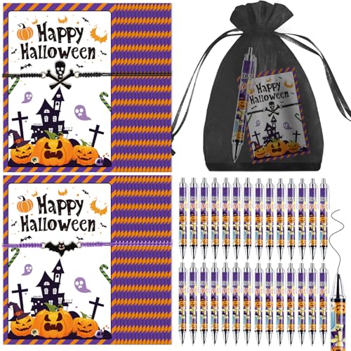 EYNDYN 72 Sets Halloween-Geschenke für Erwachsene, Kürbis-Kugelschreiber, Totenkopf-, Fledermaus-Armbänder mit Organza-Beuteln, Informationskarte für Halloween, Mottoparty, Zubehör, Schule, Büro EYNDYN 72 Sets Halloween-Geschenke für Erwachsene, Kürbis-Kugelschreiber, Totenkopf-, Fledermaus-Armbänder mit Organza-Beuteln, Informationskarte für Halloween, Mottoparty, Zubehör, Schule, Büro von EYNDYN