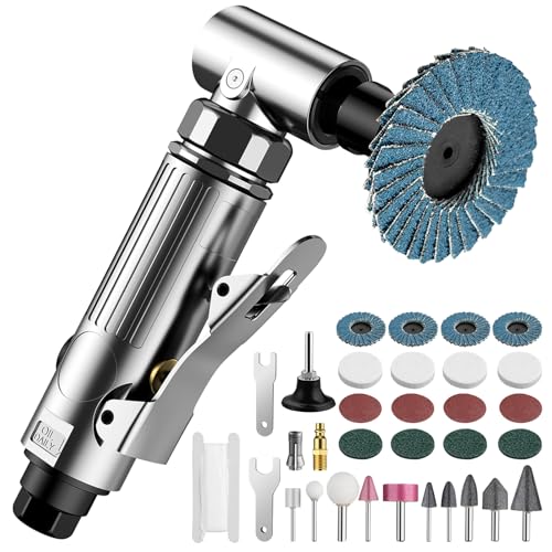 EYPINS Druckluftschleifer Set, Stabschleifer Druckluft Schleifer 90° abgewinkelt Winkelschleifer 90psi(6.2Bar) mit 50mm Korundsandscheibe, 50mm Sandscheibe, Luftklappe, Wollrad-Sandscheibe, Polierkopf von EYPINS