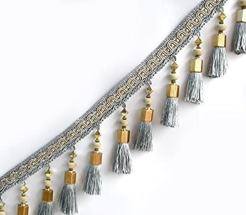 EYRMQWJPC Quastenbesatz 4 Yards Europäischen Typ Geflochtene Perlen Hängen Quaste Fransen Garnituren Fringe Trim Band(Grey Blue) von EYRMQWJPC