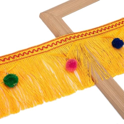 EYRMQWJPC Quastenbesatz 4 Yards Multicolor Hängen Pom Pom Ball Quaste Trim Fringe Trimmen Applique Stoff(Gold) von EYRMQWJPC