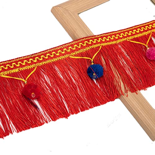 EYRMQWJPC Quastenbesatz 4 Yards Multicolor Hängen Pom Pom Ball Quaste Trim Fringe Trimmen Applique Stoff(Red) von EYRMQWJPC