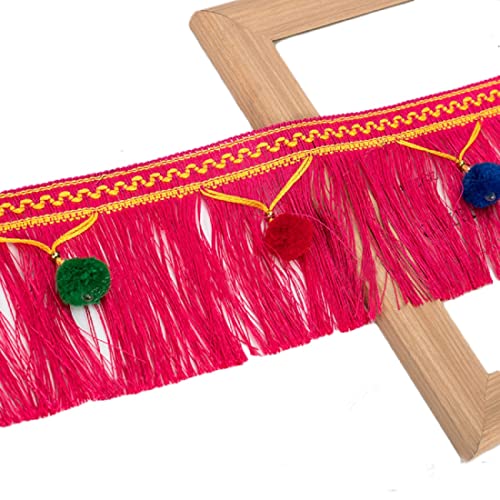 EYRMQWJPC Quastenbesatz 4 Yards Multicolor Hängen Pom Pom Ball Quaste Trim Fringe Trimmen Applique Stoff(Rose Red) von EYRMQWJPC