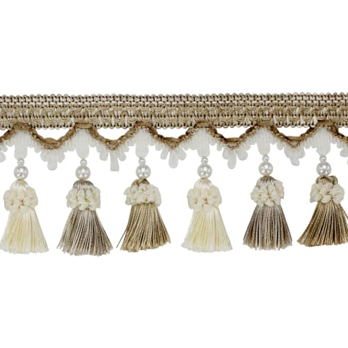 EYRMQWJPC Quastenbesatz Quaste Fransen Besätze Ball Fransen Lampenschirme Vorhang Nähen Fransen Trim 3 Yards(Beige) von EYRMQWJPC