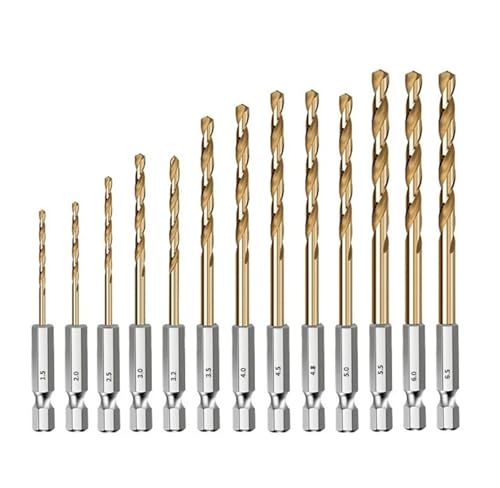 HSS-Gewindebohrer, HSS-Holzbohrer mit Titanbeschichtung, 1/4-Sechskantschaft, Größen 1,5–6,5 mm(13pcs 1.5-6.5mm) von EYRMQWJPC