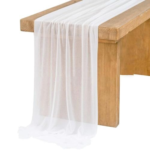Tüll-Tischdekoration Dünner Chiffon Beige Tischläufer Tischdekoration Semi-Sheer Esszimmer Vintage(White,75x400cm) von EYRMQWJPC