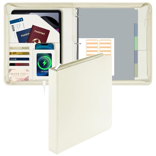 EYROZILL 3-Ringbuch-Organizer mit Reißverschluss, Leder, mit Taschen, Business-Portfolio-Ordner mit Kartenfächern, Handyhalter, Stiftschlaufe (Beige) von EYROZILL