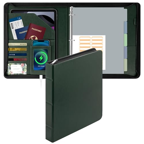 EYROZILL 3-Ringbuch-Organizer mit Reißverschluss, Leder, mit Taschen, Business-Portfolio-Ordner mit Kartenfächern, Handyhalter, Stiftschlaufe (Dunkelgrün) von EYROZILL