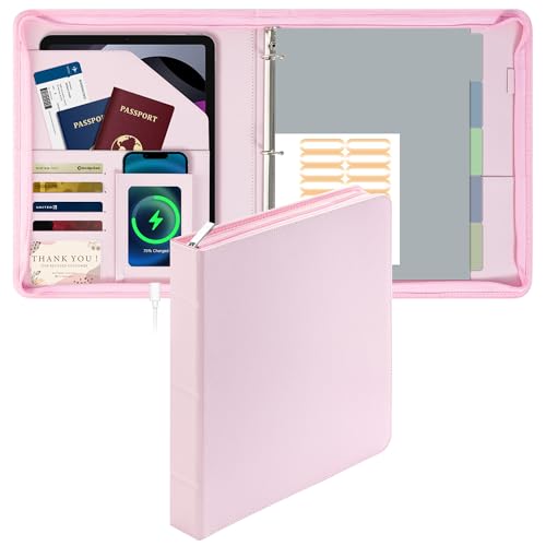 EYROZILL 3-Ringbuch-Organizer mit Reißverschluss, Leder, mit Taschen, Business-Portfolio-Ordner mit Kartenfächern, Handyhalter, Stiftschlaufe (Rosa) von EYROZILL