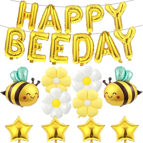 Happy Bee Day Party-Dekorationen, Folien-Hummel-Themen-Geburtstagsdekorationen mit gelbem Banner, Gänseblümchen, Honigbiene, Sterne, Luftballons, Dekoration für Babyparty, Geburtstagsparty, Zubehör Happy Bee Day Party-Dekorationen, Folien-Hummel-Themen-Geburtstagsdekorationen mit gelbem Banner, Gänseblümchen, Honigbiene, Sterne, Luftballons, Dekoration für Babyparty, Geburtstagsparty, Zubehör von EYUNSTAR