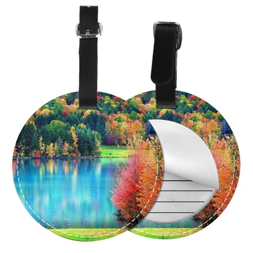 Bunte Bäume, See, Fluss, Teich, Gepäckanhänger, rund, Leder, Reisekoffer-Etiketten mit Privatsphäre, Name, Adresskarte Bunte Bäume, See, Fluss, Teich, Gepäckanhänger, rund, Leder, Reisekoffer-Etiketten mit Privatsphäre, Name, Adresskarte von EZDLOWVBA