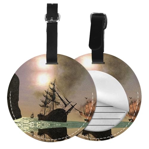 Coole Gepäckanhänger mit Piratenschiff-Druck, rund, Leder, Reisekoffer-Etiketten mit Privatsphäre, Namens- und Adresskarte von EZDLOWVBA