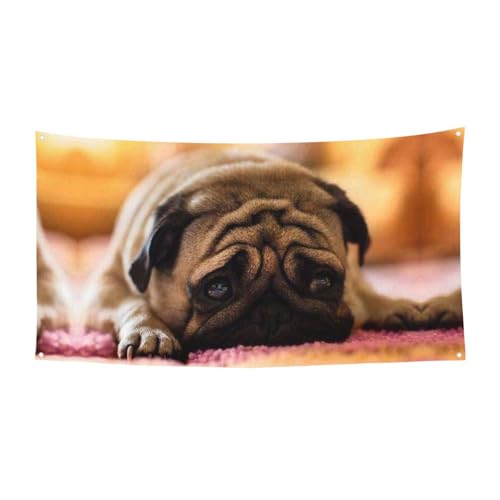 EZDLOWVBA Flagge mit Mops-Motiv, 4 Ösen, Ösen an jeder Ecke, Polyester-Banner, lustige Flaggen, 90 x 180 cm von EZDLOWVBA